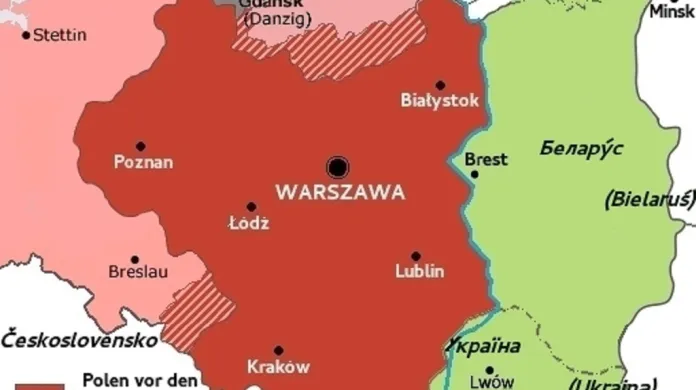 Polsko před válkou s Ruskem (červeně), Curzonova linie (modře) a polské územní zisky po válce (zeleně)