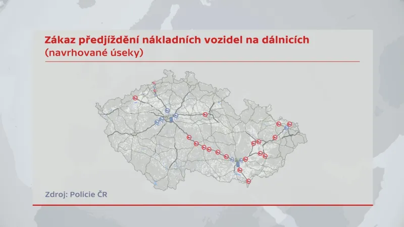 Zákaz předjíždění nákladních vozidel na dálnicích (navrhované úseky)