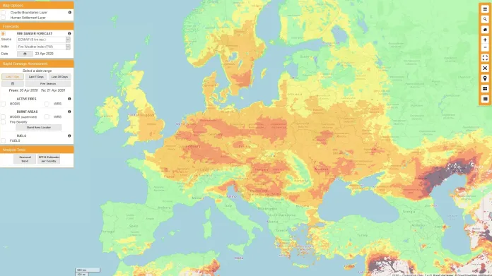 Riziko lesních požárů v Evropě – předpověď pro čtvrtek 23. dubna 2020