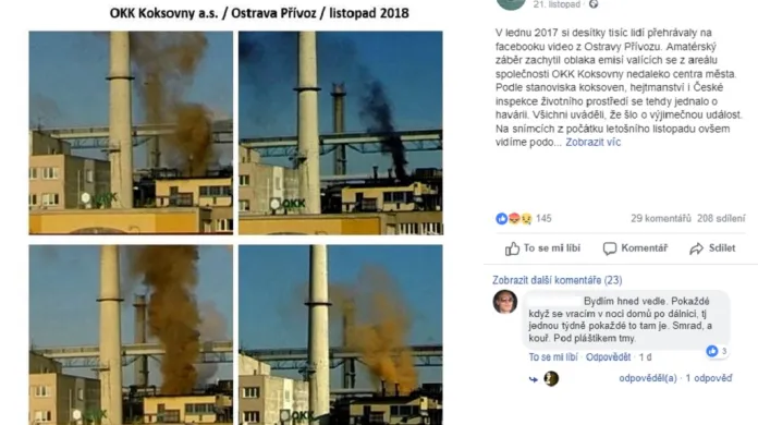 Dokumentarista Tomáš Netočný zveřejnil na sociální sítí Facebook snímky kouře linoucího se z ostravských koksáren