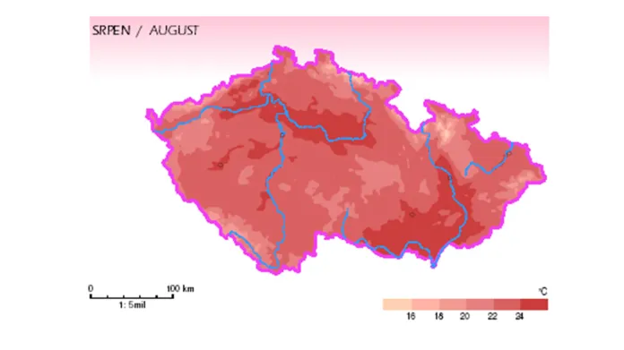 Průměr denních maxim za srpen v období 1961–2000