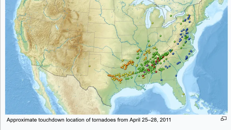 Přehled tornád série na konci dubna 2011 (nejsilnější tornáda o intenzitě EF4 a EF5 zvýrazněna)