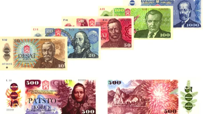Lícní strany bankovek nové emise obíhajících na konci roku 1989 a lícní a rubová strana nerealizovaného výtvarného návrhu na pětisetkorunu
