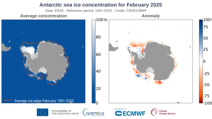 Vlevo: Průměrná koncentrace antarktického mořského ledu v únoru 2025. Tlustá oranžová čára označuje klimatologickou hranici ledu pro únor v období 1991-2020. Vpravo: Anomálie koncentrace antarktického mořského ledu pro únor 2025 ve vztahu k únorovému průměru za období 1991-2020.