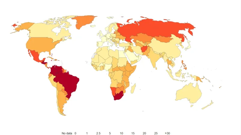 Počet vražd na sto tisíc obyvatel v zemích světa, 2016