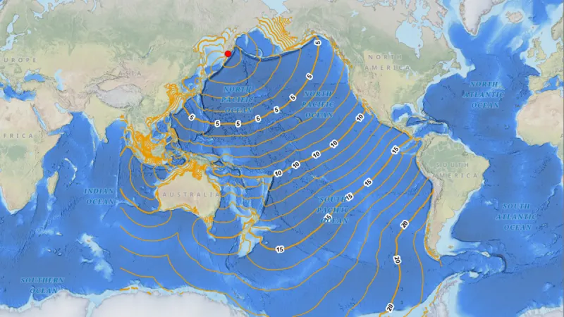 Model ukazuje rychlost šíření tsunami z Kamčatky v hodinách