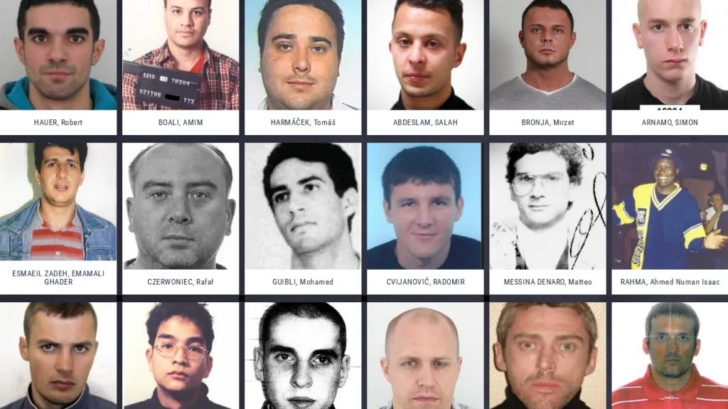 Domovská stránka webu Europolu s tvářemi nejhledanějších osob Evropy