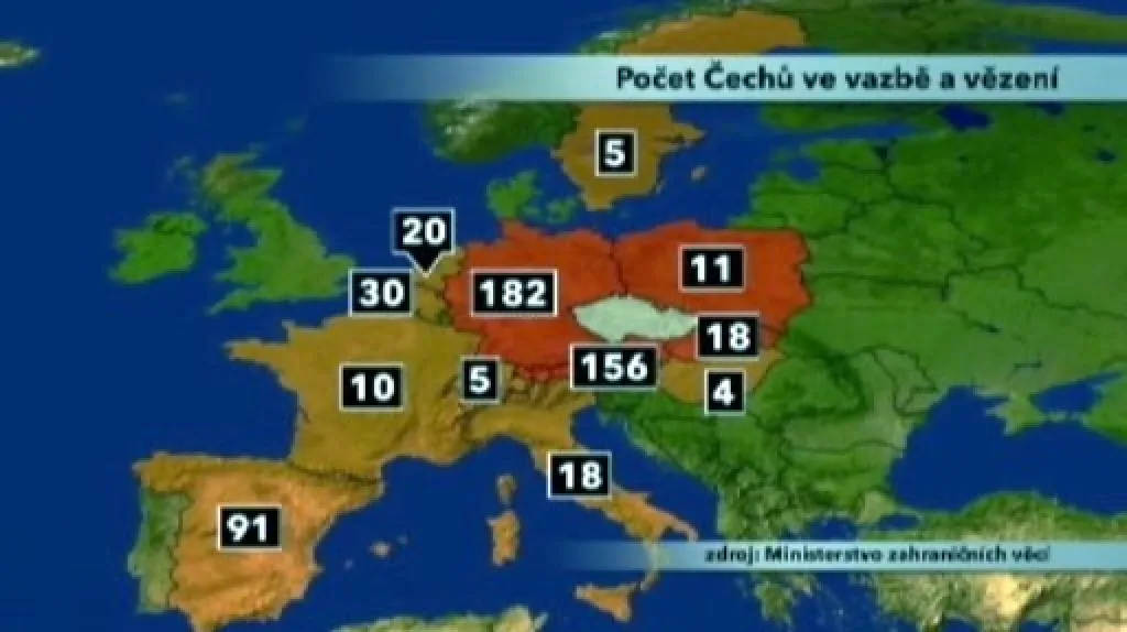 Počet Čechů ve vazbě (Evropa)