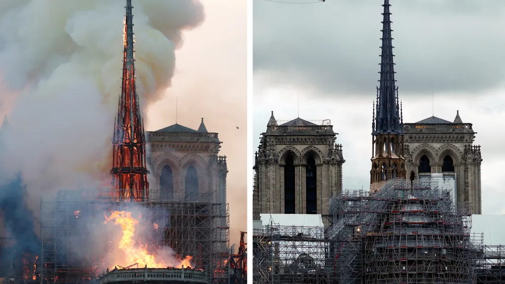 Srovnání: Notre-Dame 15. dubna 2019 při požáru a na konci března 2024 při opravách