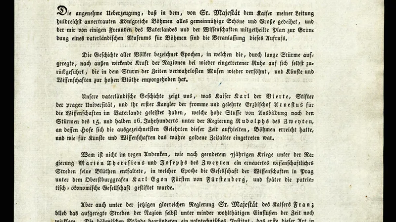 Provolání "An die Vaterländischen  Freunde der Wissenschaften", kterým bylo formálně ustaveno Národní muzeum