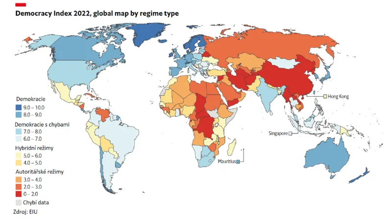 Index demokracie v roce 2022 podle Economist Intelligence Unit