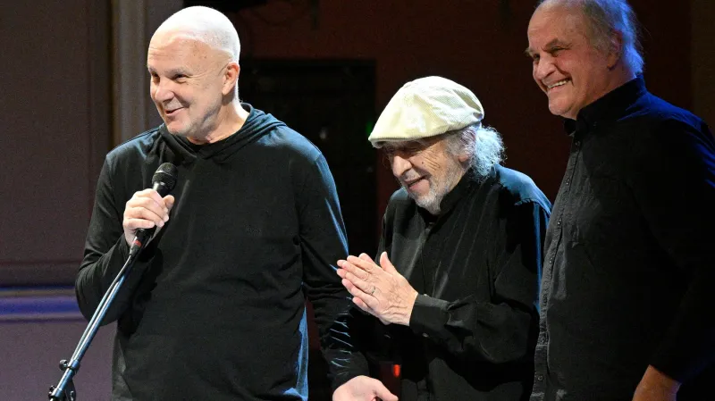 Jiří Stivín na koncertě k osmdesátým narozeninám s Ondřejem Soukupem a Michaelem Kocábem