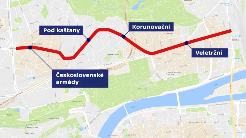 Československé armády – Pod kaštany – Korunovační – Veletržní