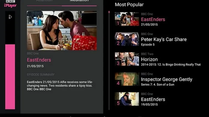 BBC iPlayer nabízí pět nejsledovanějších videí. Při zvýraznění konkrétní položky ji může divák spustit "silou mysli"