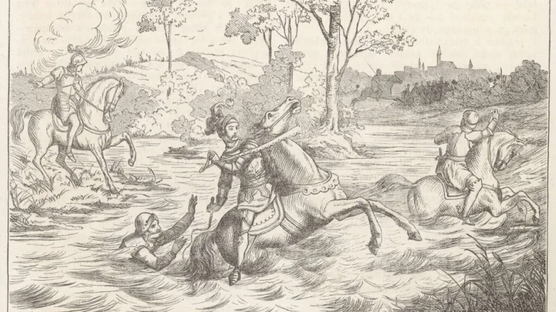 Zobrazení utonutí krále Ludvíka při brodění rozvodněného potoka Csele na romantizující ilustraci z 19. století