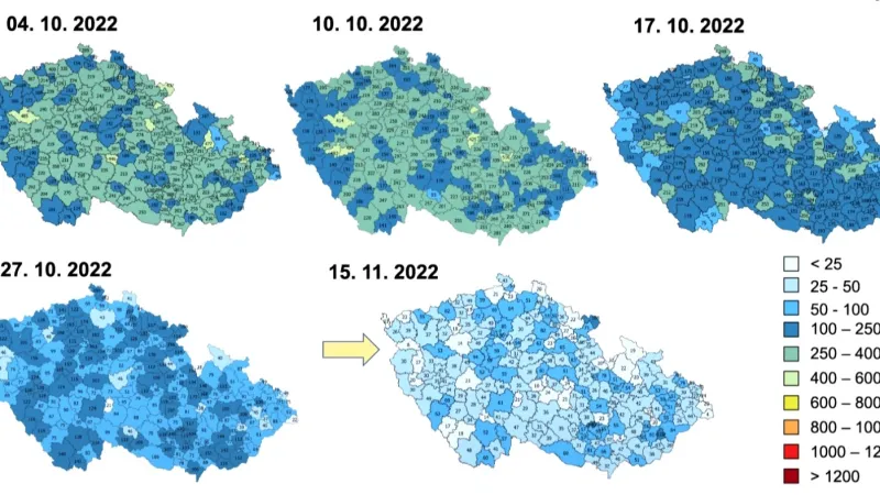 Vývoj sedmidenního počtu nových případů covidu na sto tisíc obyvatel
