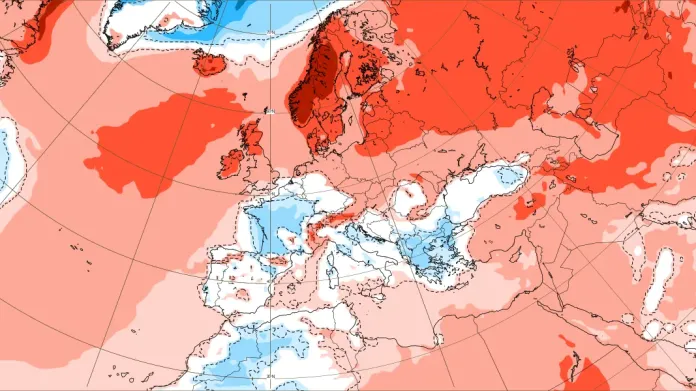 Teplotní odchylky nad Evropou, předpověď na 13. leden