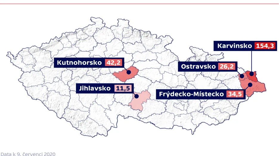 Přehled současných lokálních ohnisek šíření nákazy koronavirem (počet případů na 100 000 obyvatel)