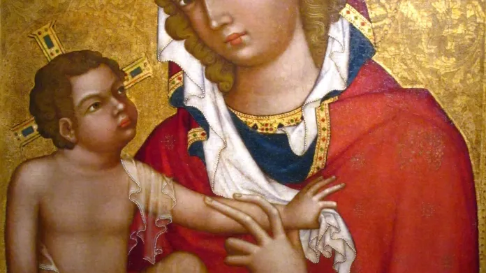 Madona z Veveří. Středověká desková malba pochází z vybavení kaple Matky Boží na Veveří. Vznikla kolem roku 1350 a je považována za dílo Mistra vyšebrodského oltáře.