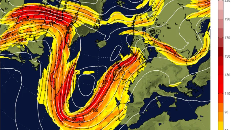 Tryskové proudění nad východním Atlantikem je výrazně prohnuté k jihu – to zajišťuje obnovování tlakové níže, po jejíž přední straně proudí teplý vzduch do střední Evropy