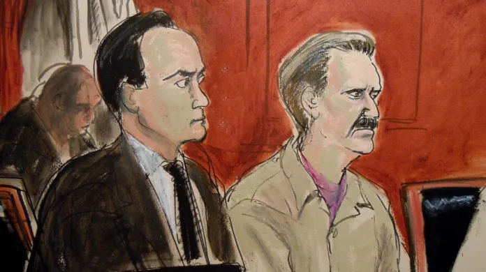 Ilustrace Viktora Buta a jeho obhájce Alberta Dayana před newyorským soudem