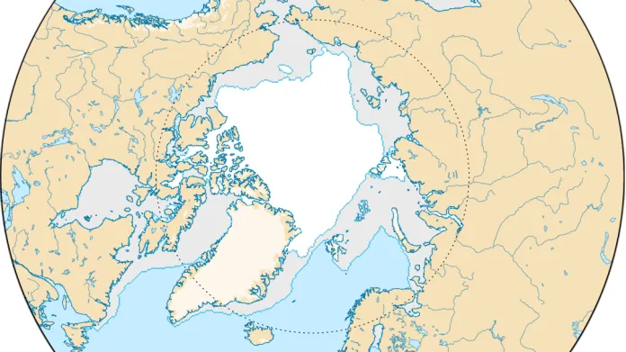 Rozsah ledové pokrývky moře v Arktidě v srpnu a v dubnu