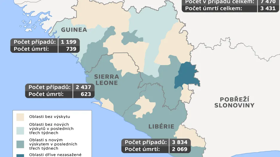 Výskyt viru ebola v nejvíce zasažené oblasti