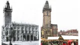 Staroměstské náměstí s novogotickým radničním křídlem stavitelů Petra Nobileho a Pavla Sprengera, které bylo zničeno během Pražského povstání roku 1945. Vlevo předválečný snímek, vpravo současnost vánočních trhů.