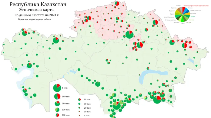Etnické složení Kazachstánu podle sčítání roku 2021. Dominantní zelenou Kazaši, červeně Rusové