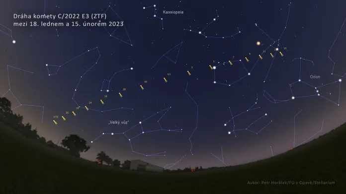 Pohyb komety C/2022 E3 ZTF mezi hvězdami mezi 18. lednem a 15. únorem 2023. Vyznačena jsou i nejvýraznější uskupení – asterismus „Velký vůz“ a souhvězdí Kassiopeii a Orionu. Kometa bude pozorovatelná převážné nad severním obzorem