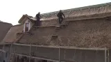 Dělníci pokrývají střechu Hanáckého statku
