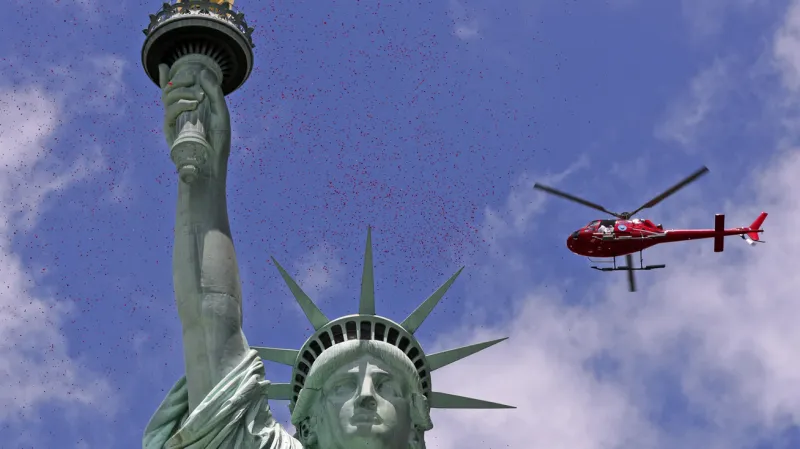 Růžové lístky nad Sochou svobody