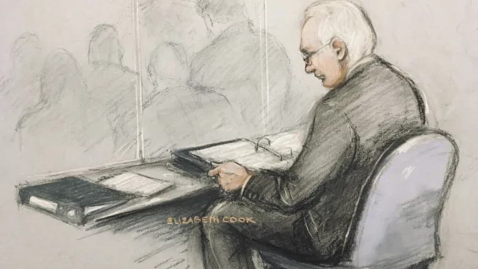 Ilustrace zachycující Juliana Assange u soudu
