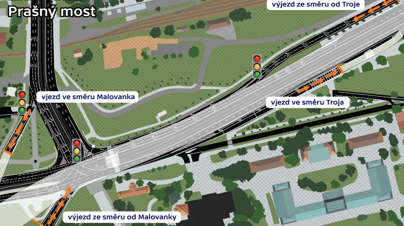 Schéma křiživatky Prašný most