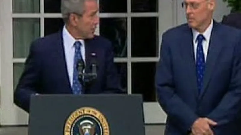 George Bush a Henry Paulson rozmlouvají o finanční krizi