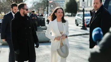 Venezuelská opoziční lídryně María Corina Machadová přichází na schůzku s Donaldem Trumpem (15. ledna 2026)