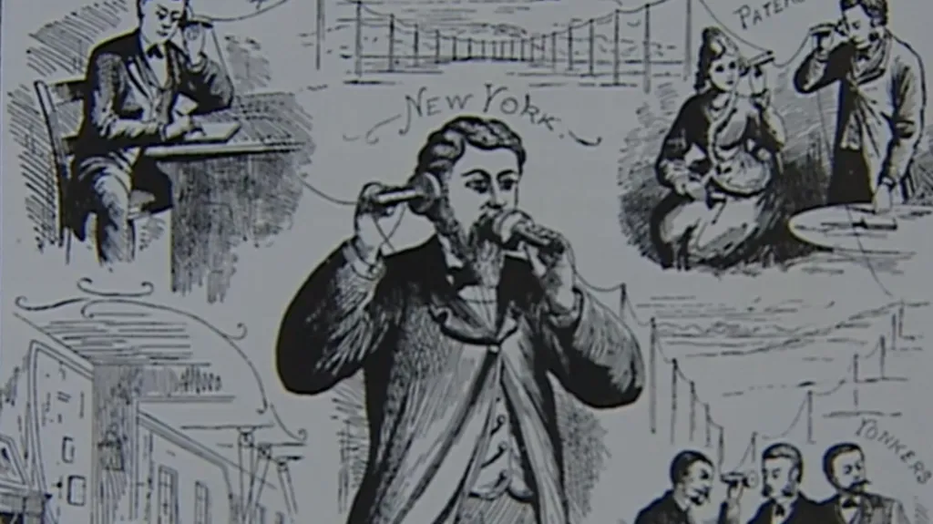 Alexander Graham Bell (uprostřed) s prvním telefonem