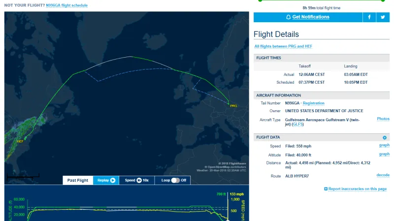 Let, kterým byl do USA zřejmě dopraven Jevgenij Nikulin