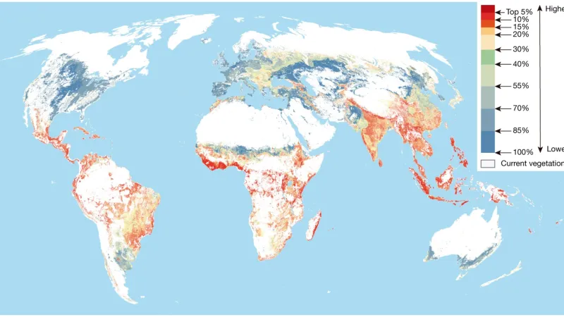 Priorita opětovného zalesnění/uvedení ekosystému do původního stavu z hlediska účinnosti vázaní uhlíku z atmosféry. Čím nižší procento, tím vyšší priorita