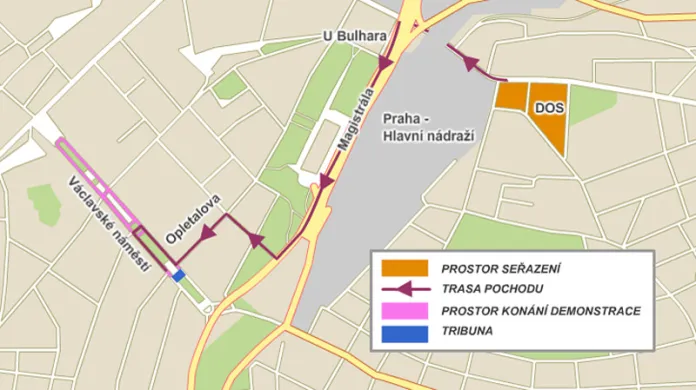 Mapa demonstrace ČMOKOS - 21.5.2011