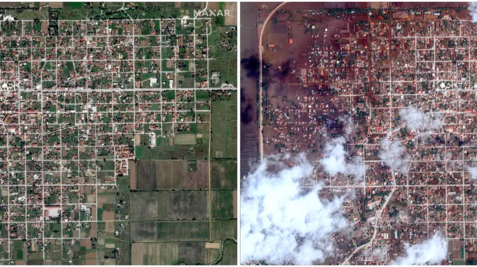 Snímky zaplavené oblasti v Řecku před a po bouři Daniel