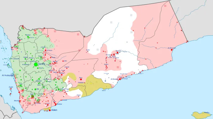 Jemen v červenci 2019. Červeně vláda Hádího, zeleně Hútíové, žlutě Jižní přechodná rada, bíle al-Káida