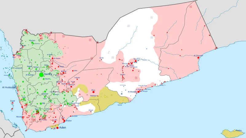 Jemen v červenci 2019. Červeně vláda Hádího, zeleně Hútíové, žlutě Jižní přechodná rada, bíle al-Káida