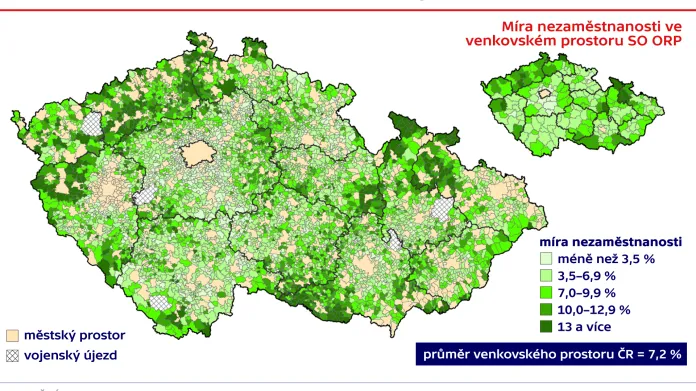Míra nezaměstnanosti v obcích venkovského prostoru k 31. 12. 2008