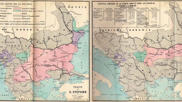Balkán po Sanstefanské smlouvě (vlevo) a po Berlínském kongresu