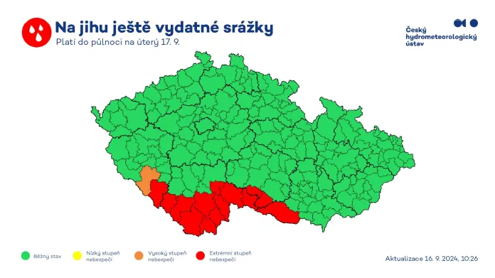 Aktualizovaná předpověď výstrahy na srážky z pondělního dopoledne