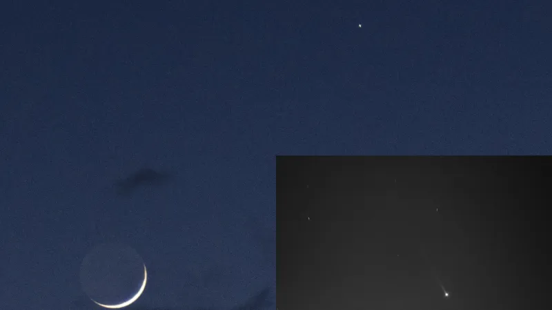 Merkur a Měsíc 13. května. Ve výřezu je Merkur s ohonem přes speciální sodíkový filtr. Délka ohonu dosahuje až 1°.