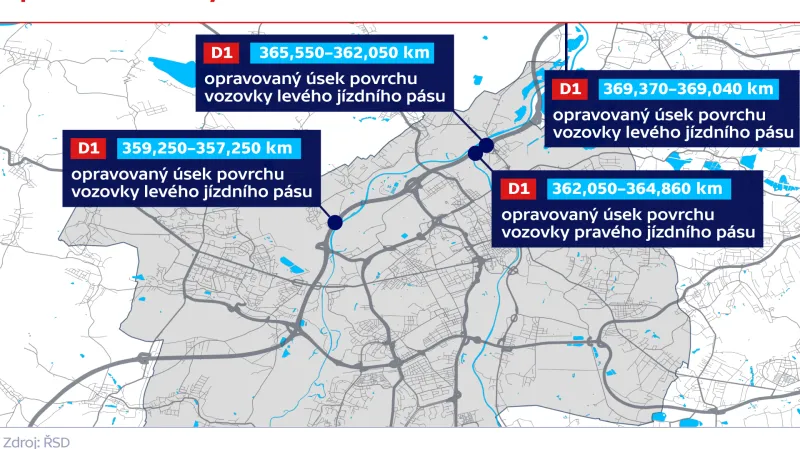 Opravované úseky na dálnici D1 v Ostravě