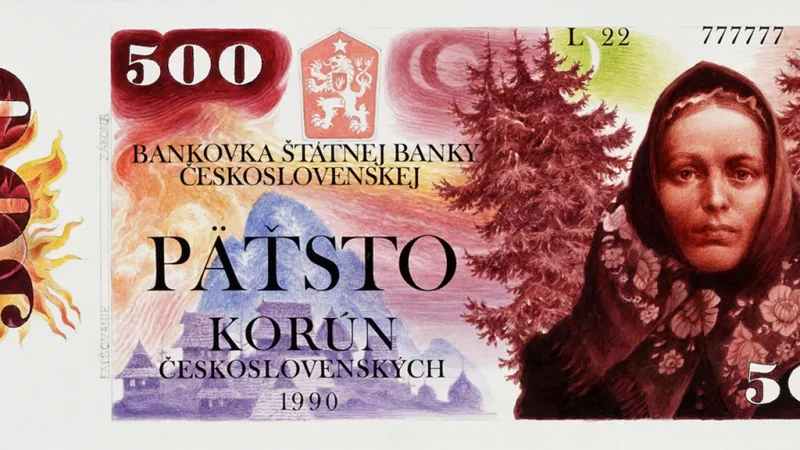 Lícní strana nerealizovaného výtvarného návrhu na pětisetkorunu z emise obíhající na konci roku 1989