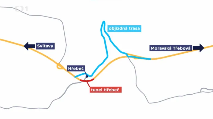 Objízdná trasa uzavřeného tunelu Hřebeč